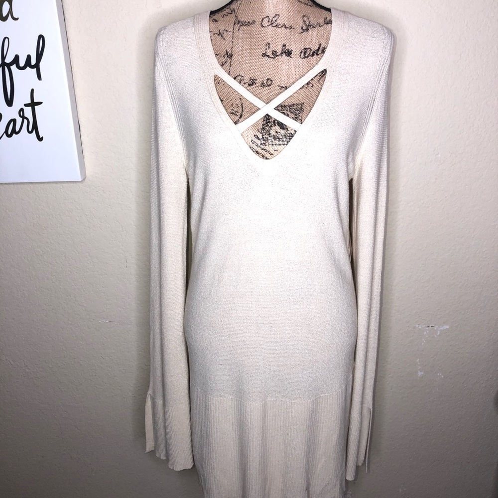 Free People V Neckline Cream Sweater Dress with Bell Sleeves Size Large